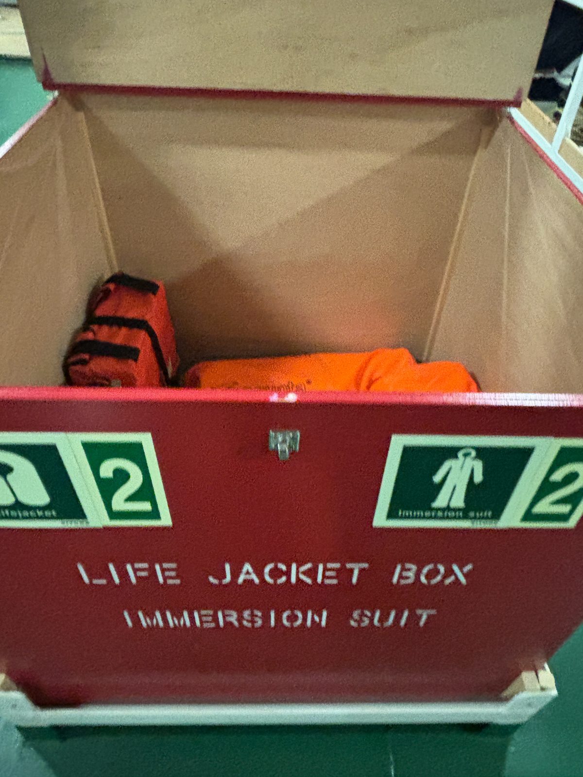 Life jacket box marked for two life jackets and two immersion suits